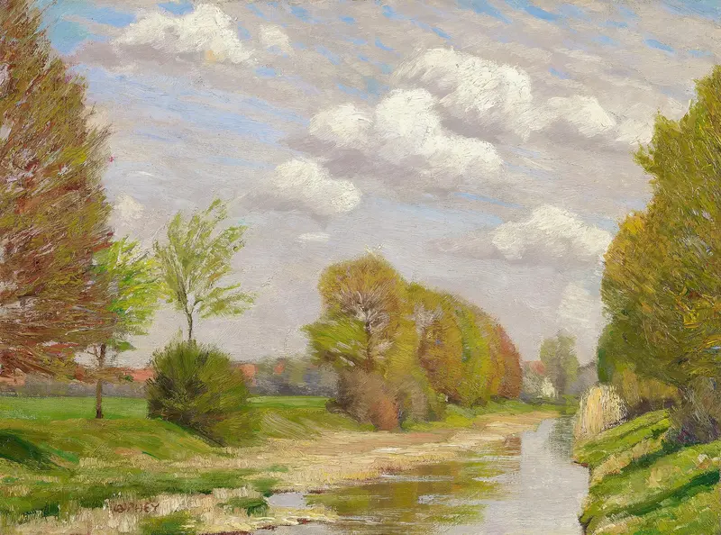 Impressionist landscape depicting a river and lush greenery by Walter Ophey