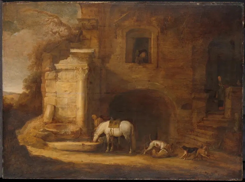 Return of the Falconer by Simon de Vlieger, oil on canvas depicting a falconer in a tranquil landscape.