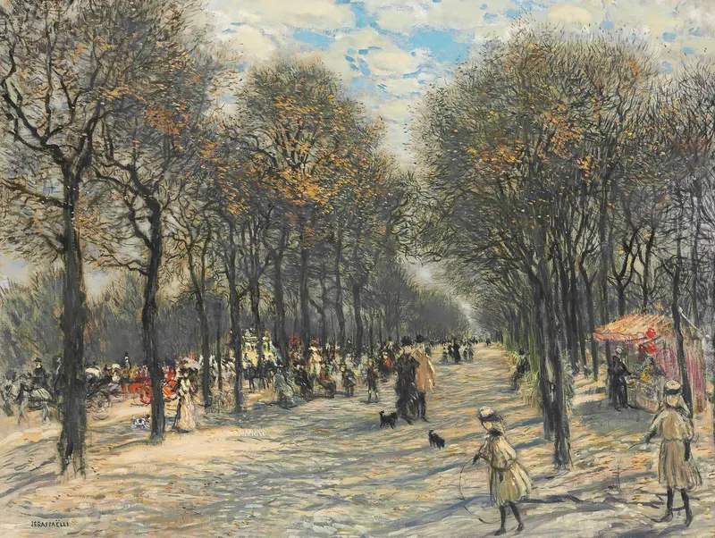 Landscape of trees along a pathway, oil on canvas by Jean François Raffaëlli