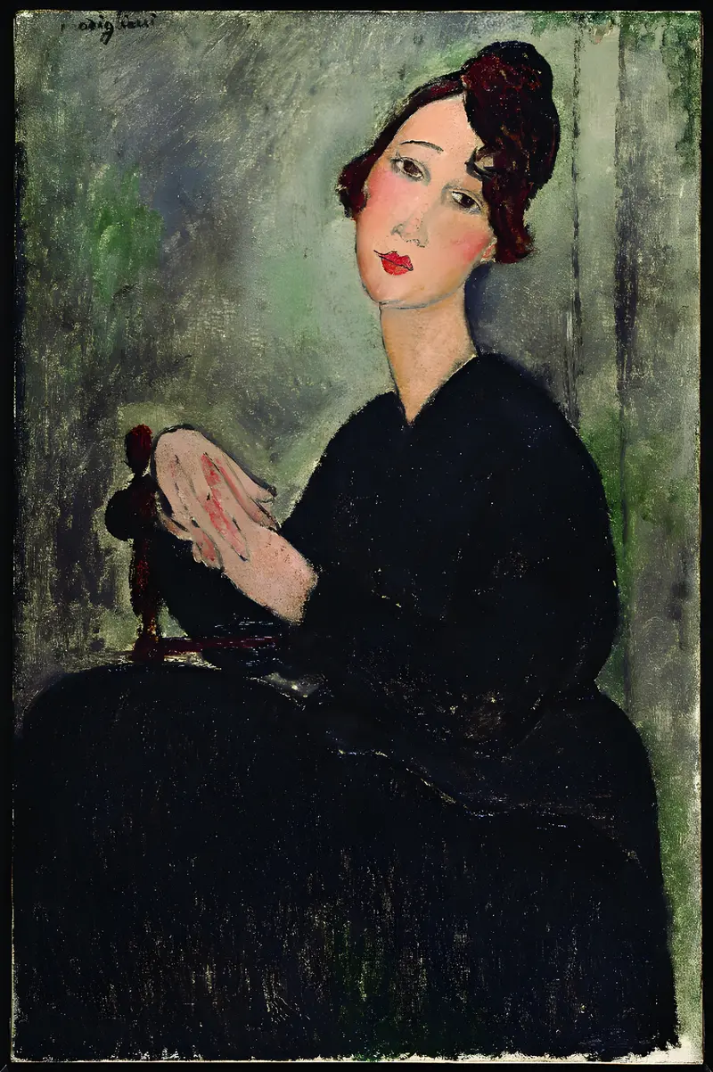 A seated woman with elongated face, red lips, brown hair in a loose updo, wearing a dark garment, holding a pale cloth on her lap against a grey-green background.