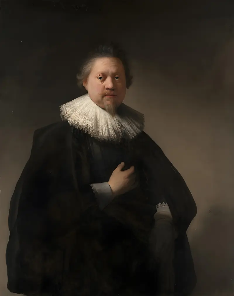 A man with grey hair and a pointed beard stands slightly turned right, wearing a dark cloak and lace-edged cuffs, illuminated from upper left.