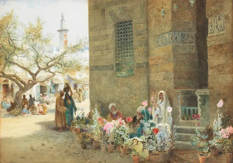 Genre scene depicting a market in Cairo by Charles Robertson