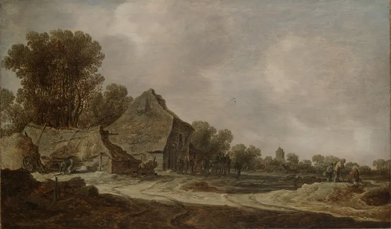 A sandy road with thatched cottages, oil on panel by Jan van Goyen