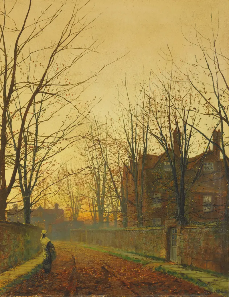 Late October by John Atkinson Grimshaw, oil on canvas depicting a twilight landscape with moonlight.