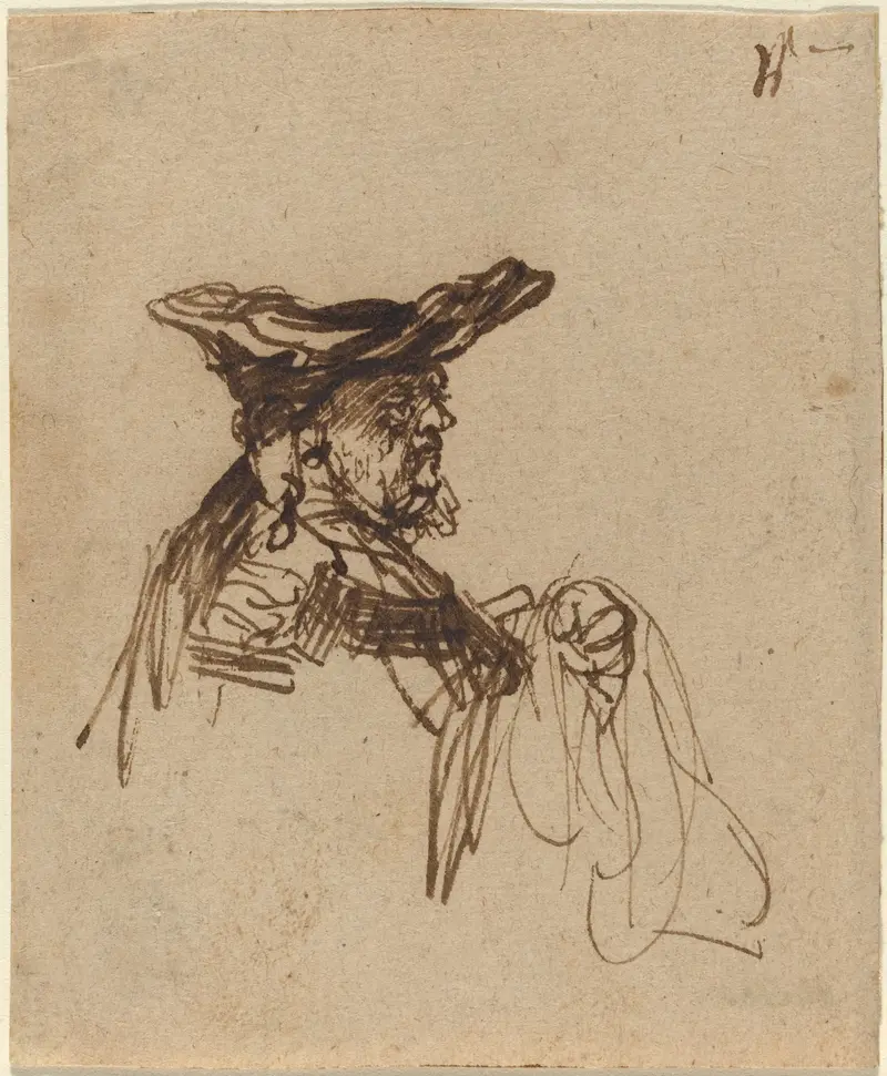 Ink drawing of an elderly man in profile wearing a broad flat cap against a plain beige background.