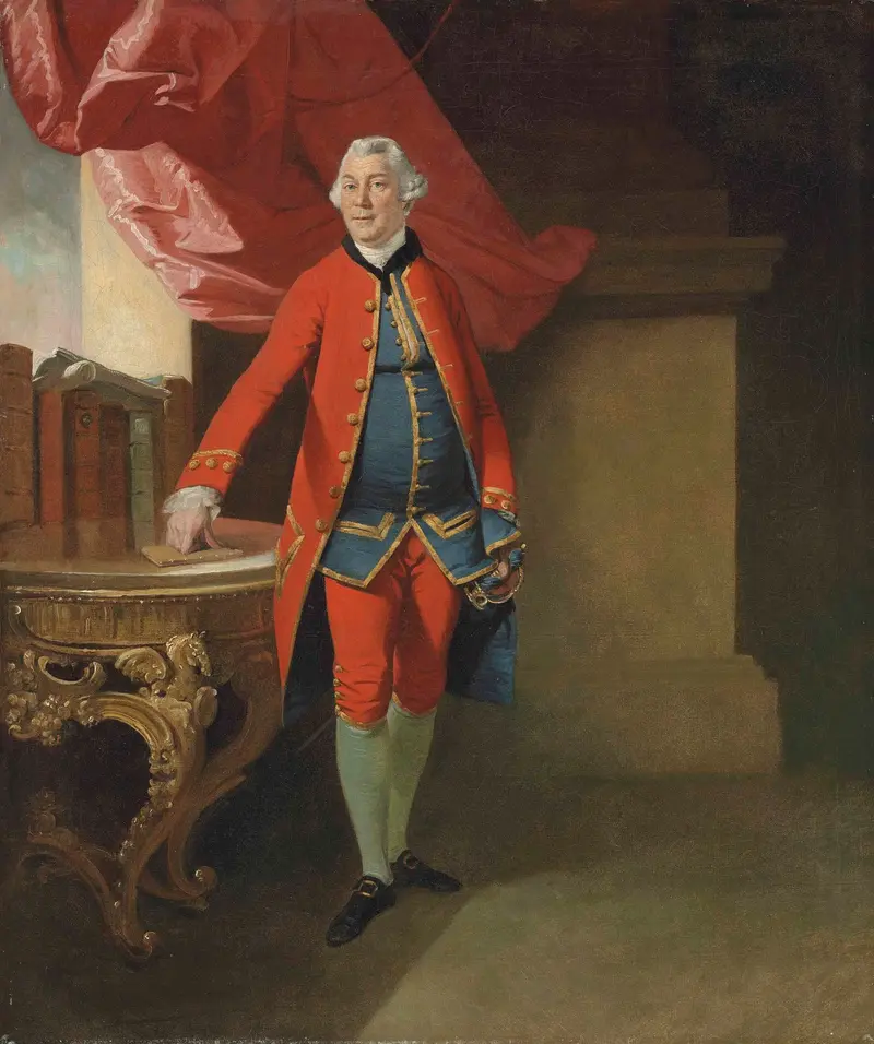 A portrait of Sir William Young, 1st Baronet, in a scarlet and blue uniform against red drapery.