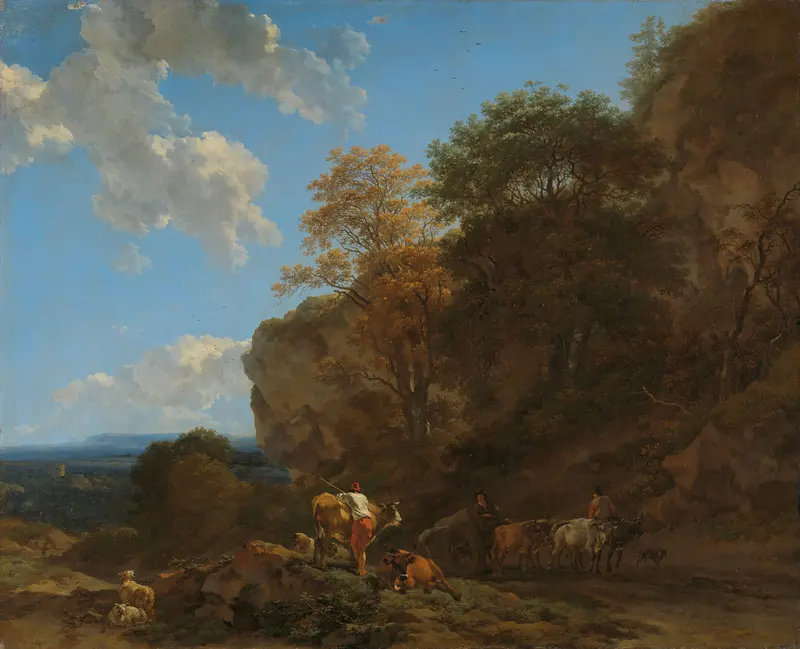 Italian Landscape by Nicolaes Pietersz Berchem, oil on canvas depicting lush fields and golden light.