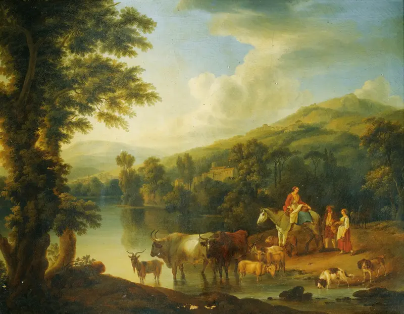 A wooded river landscape with a woman on a grey horse and animals watering, by Jacob Philipp Hackert.