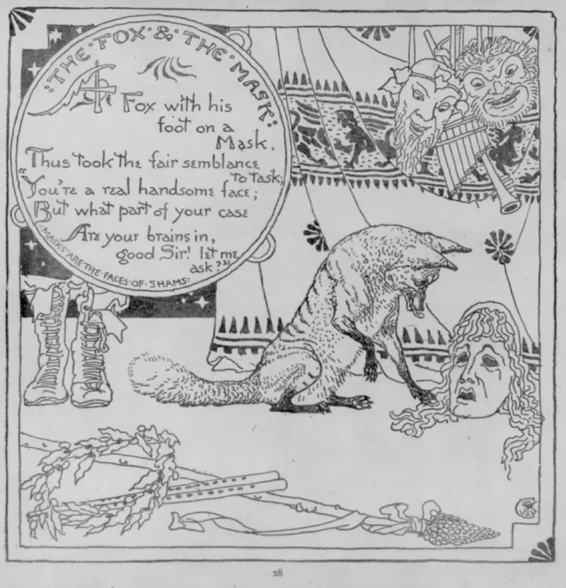 A whimsical depiction of a fox wearing a mask, illustrating a fable.