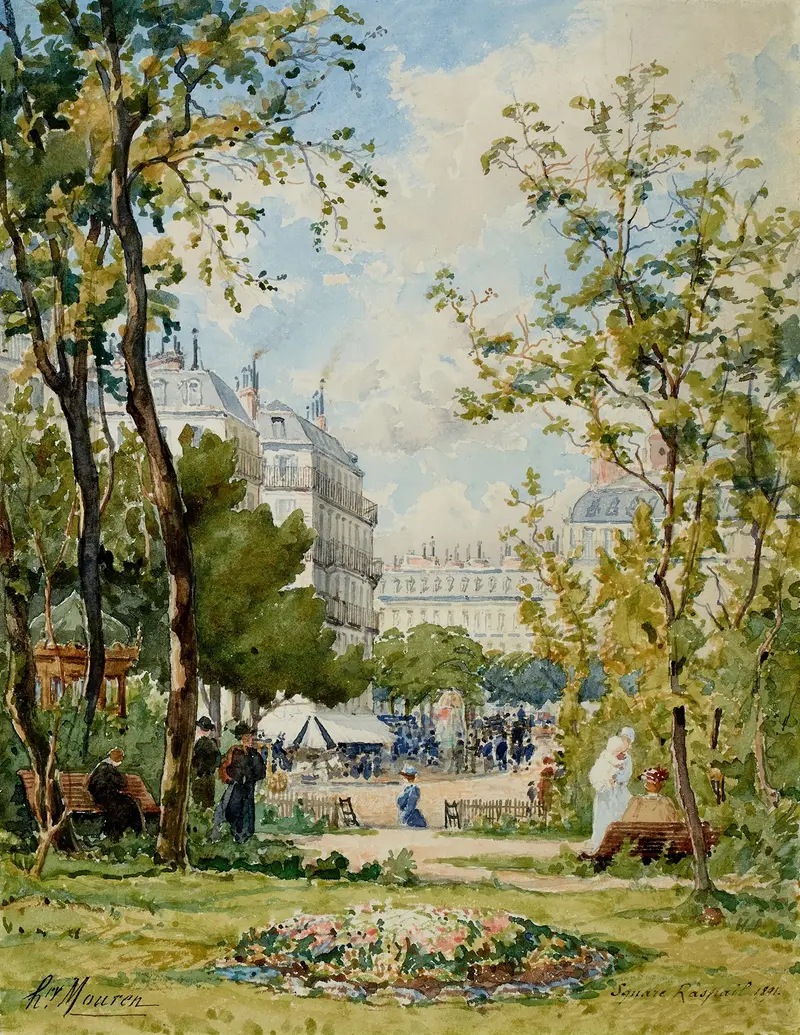 Square Raspail by Henri Laurent Mouren, oil painting depicting a lively Parisian square with vibrant colors.