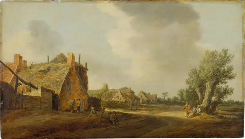 Village Street by Jan van Goyen, oil painting depicting a serene village scene with earthy tones.
