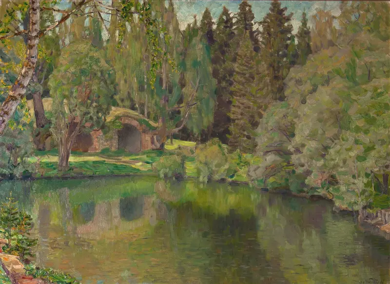 A serene pond scene with a moss-covered stone arch, surrounded by trees and dappled sunlight.