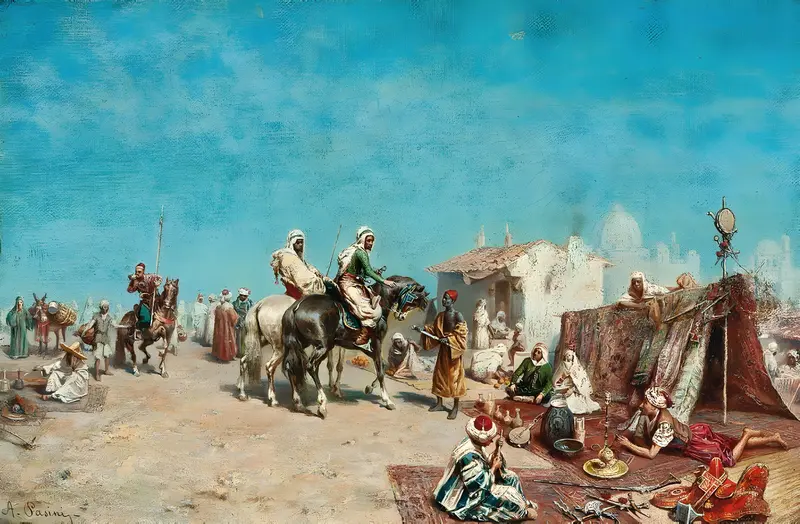 A vibrant depiction of Arab merchants engaging in trade near city walls.