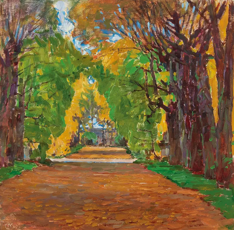 Landscape oil painting by Carl Moll featuring a garden with vibrant foliage and a blue sky.