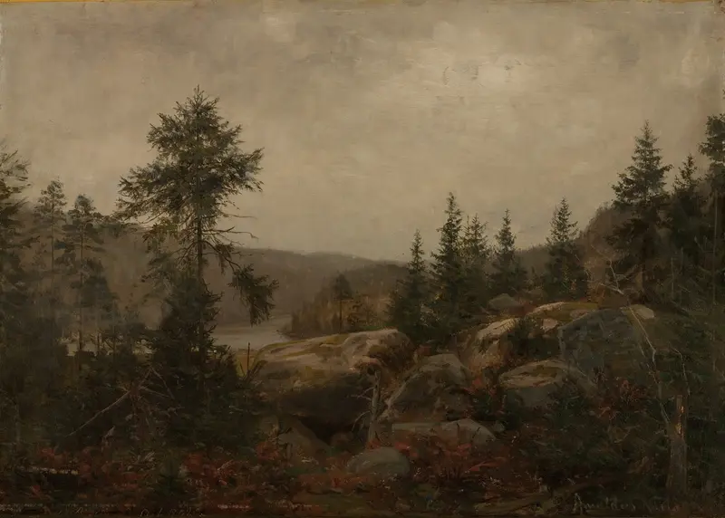 A rocky slope with evergreen trees, large boulders, a river in the middle distance, and misty hills under a pale, overcast sky.