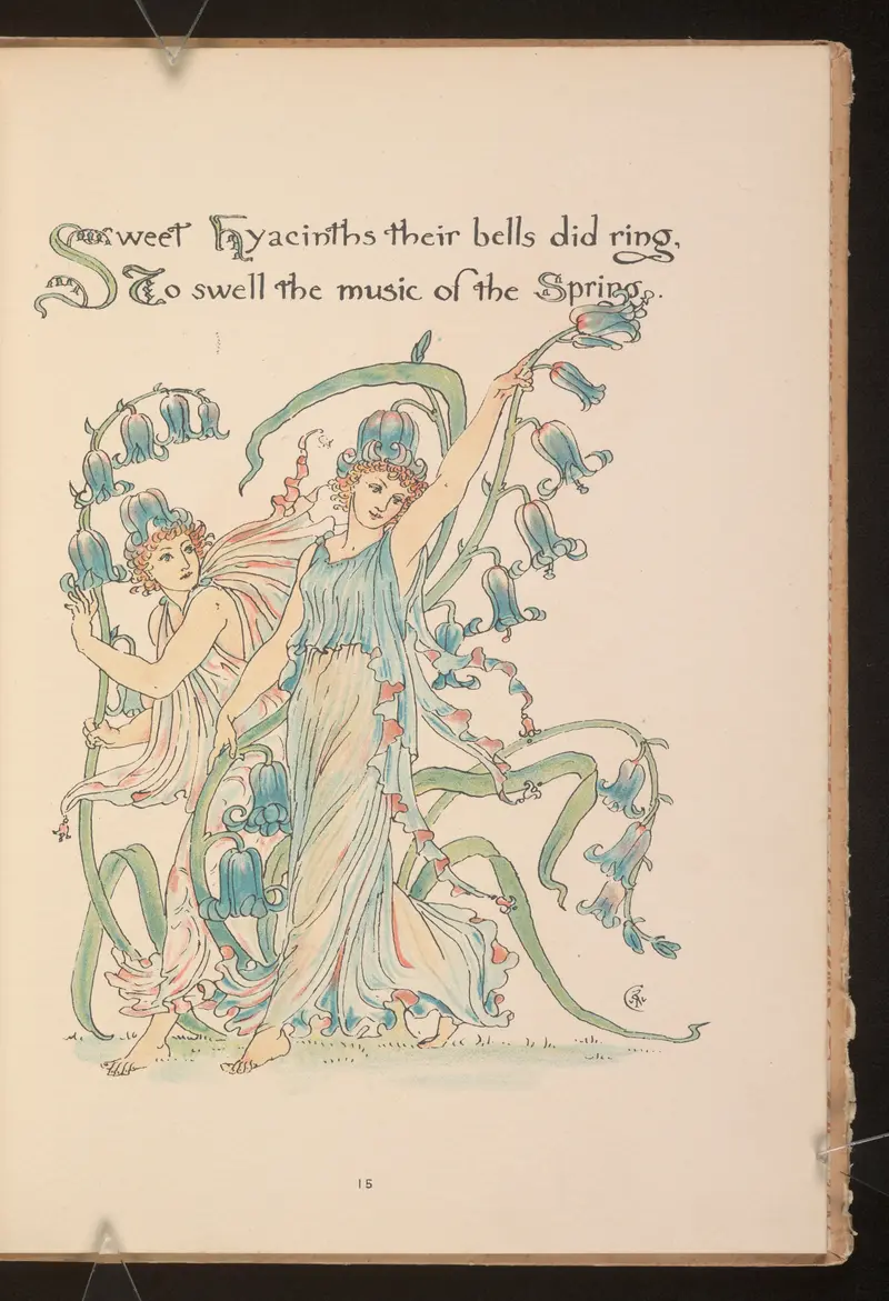 Walter Crane's 'Flora’s feast; A masque of flowers Pl.15' showcases a vibrant celebration of floral beauty.