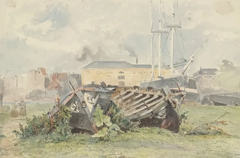 Scheepswerf by Willem Anthonie van Deventer, oil on canvas showing laborers in a shipyard