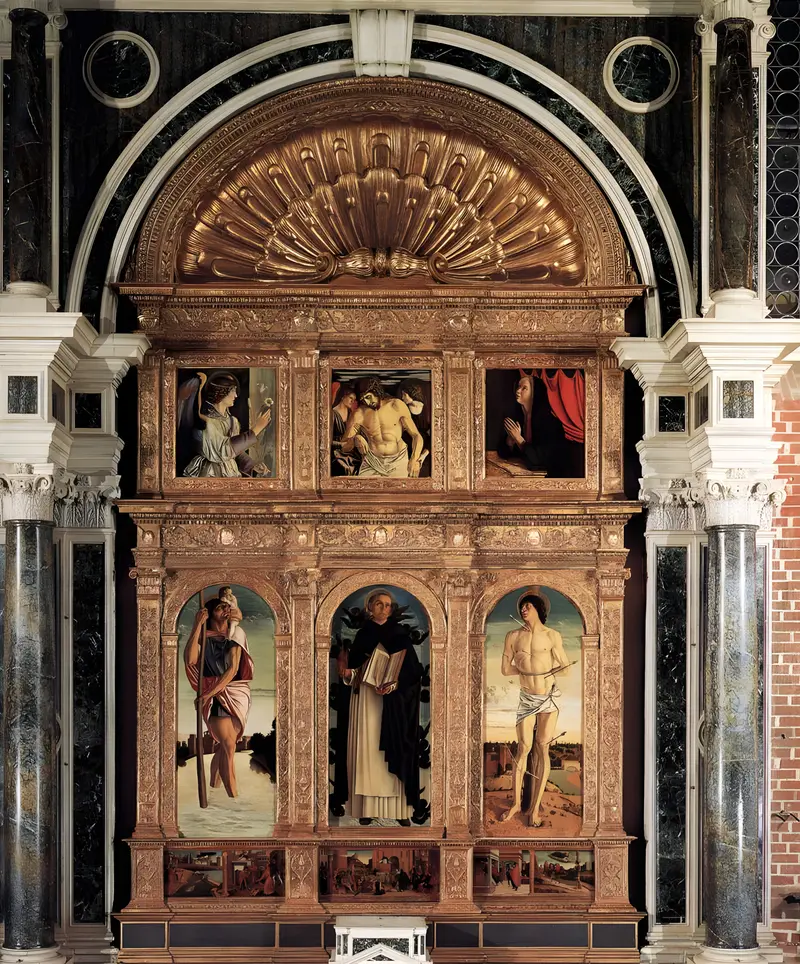 Altarpiece of St. Vincent Ferrer by Giovanni Bellini depicting the saint enthroned with angels.
