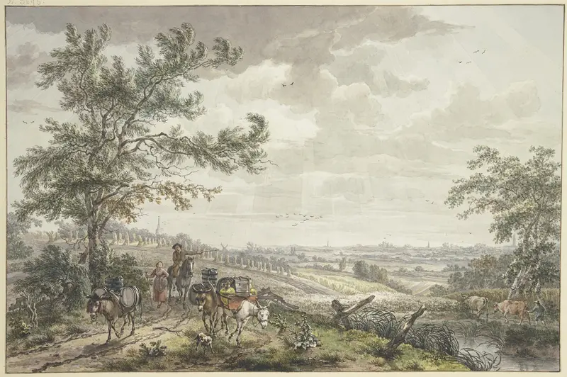 Landscape with pack donkeys on a slope, oil on canvas by Egbert van Drielst