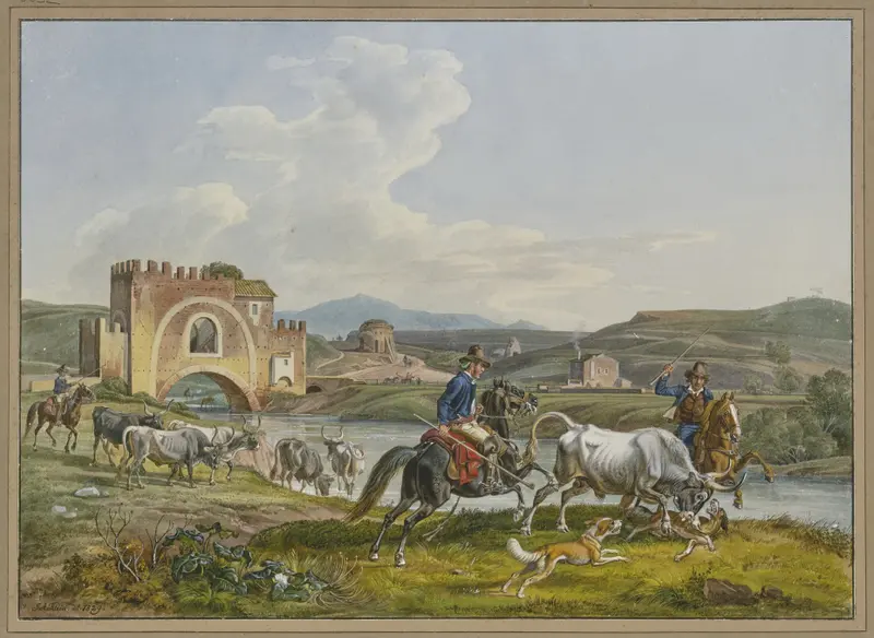 Genre scene with horsemen and hounds capturing a bull, oil painting by Johann Adam Klein
