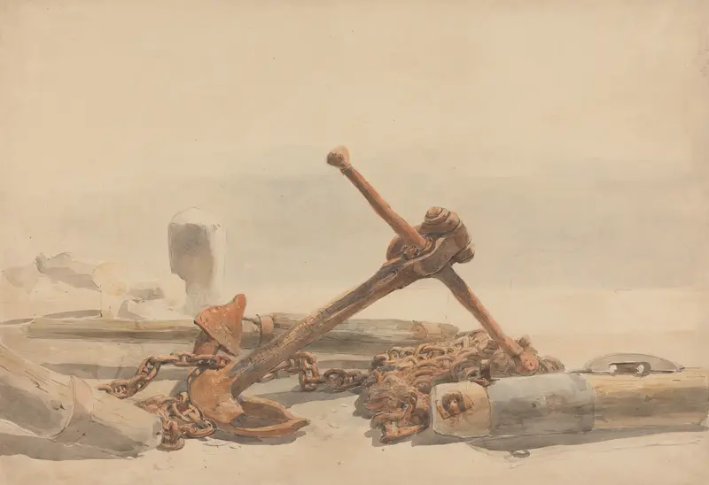 Spar and Anchor by Edward Angelo Goodall, figurative oil painting depicting light and shadow.