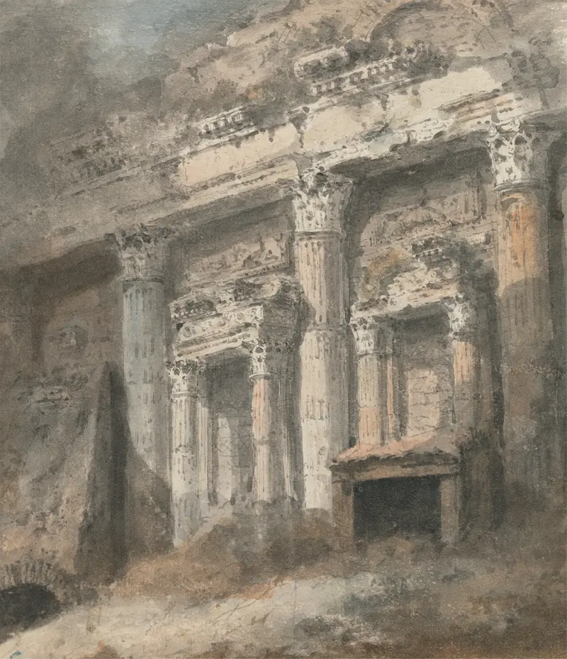 Facade of a ruined Roman temple with columns, by Heneage Finch, after 1771