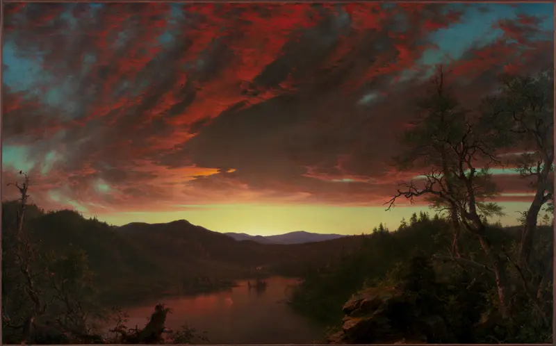 Twilight in the Wilderness, oil on canvas by Frederic Edwin Church, depicting a vibrant sunset over a landscape.