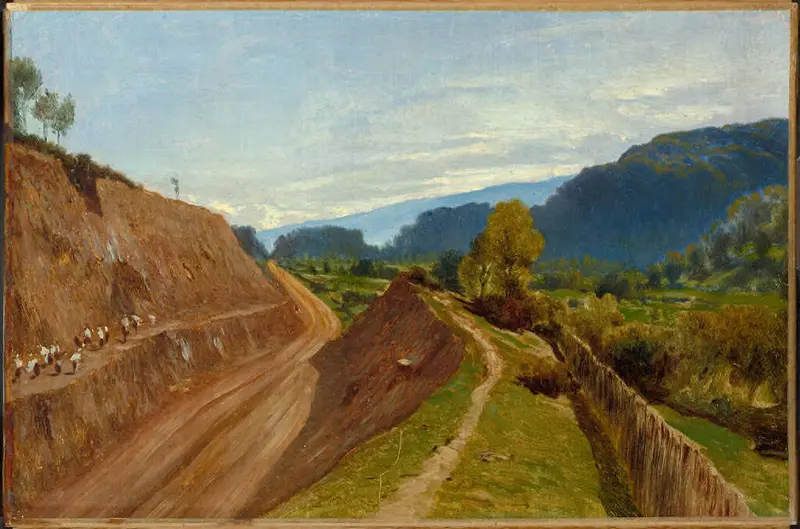 Preparing a Railway Cutting, oil on paper by Charles-François Eustache, depicting laborers working on a railway.