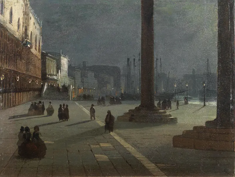 Venezia Molo di San Marco by Ippolito Caffi, oil painting depicting St. Mark's Basilica and canal reflections.