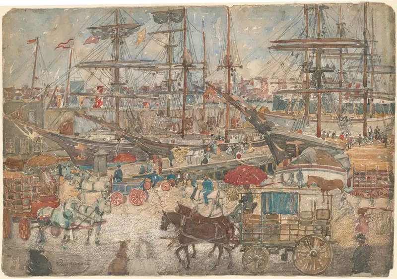 Watercolor by Maurice Prendergast depicting docks and colorful boats in East Boston.