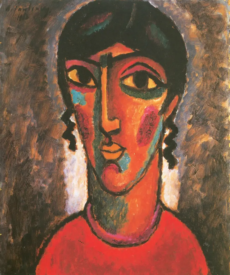 A vibrant portrait of a Spanish woman with a mask-like face, bold colors, and an intense gaze.