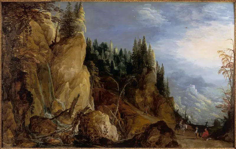 Mountain Landscape by Joos de Momper, oil painting depicting mountains and valleys under a luminous sky.