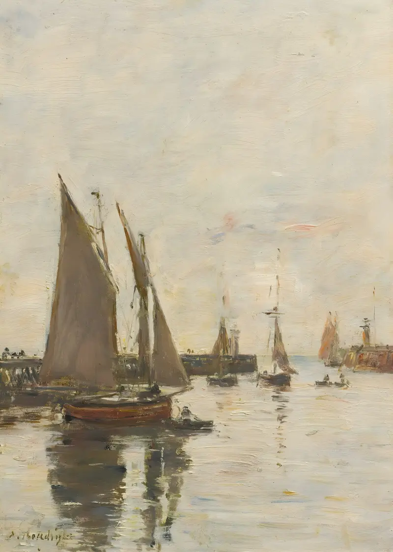 Marine scene with crashing waves and jetty by Eugène Boudin, oil painting