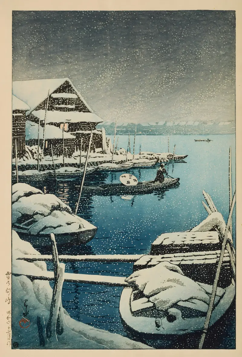 Woodblock print by Kawase Hasui showing a winter landscape with snow-covered rooftops