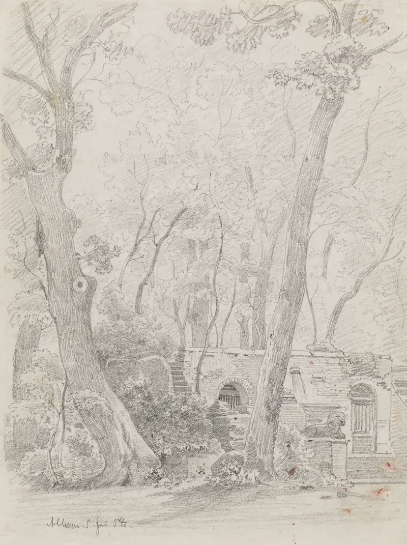 Landscape of gardens with couples and flowers by Arthur Blaschnik, 1853