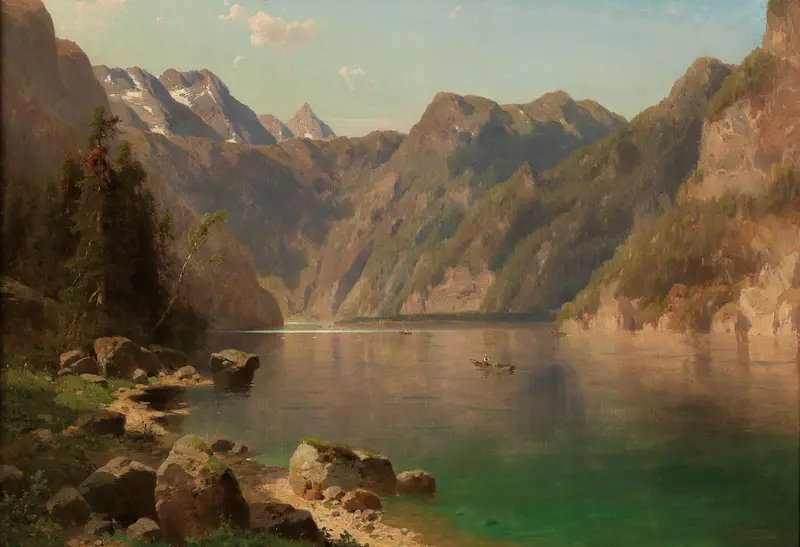 Königssee by Adolf Chwala, oil on canvas depicting a serene lake surrounded by mountains