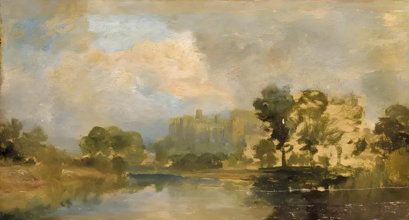 A calm river reflects trees and a hazy sky with Windsor Castle visible beyond the trees in the distance under a luminous, cloud-filled sky.