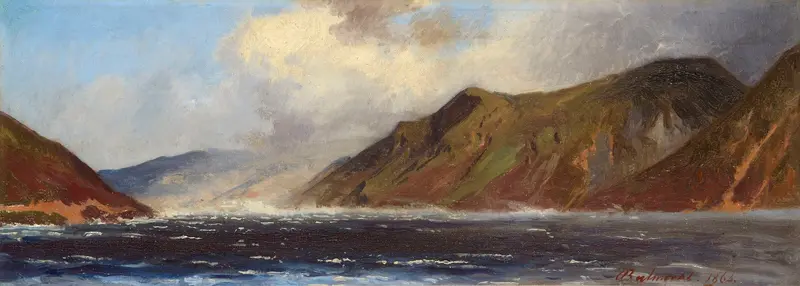 A turbulent lake scene with churning waters, dark hills, and a dramatic sky filled with clouds.