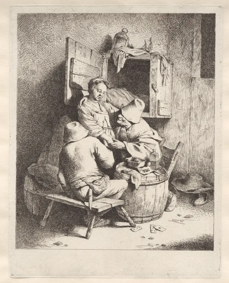 Etching by Cornelis Pietersz. Bega depicting a woman and two men in a tavern