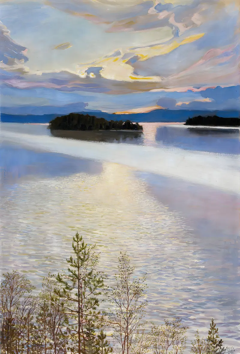 Lake View by Akseli Gallen-Kallela, oil on canvas depicting a tranquil lake reflecting a twilight sky.