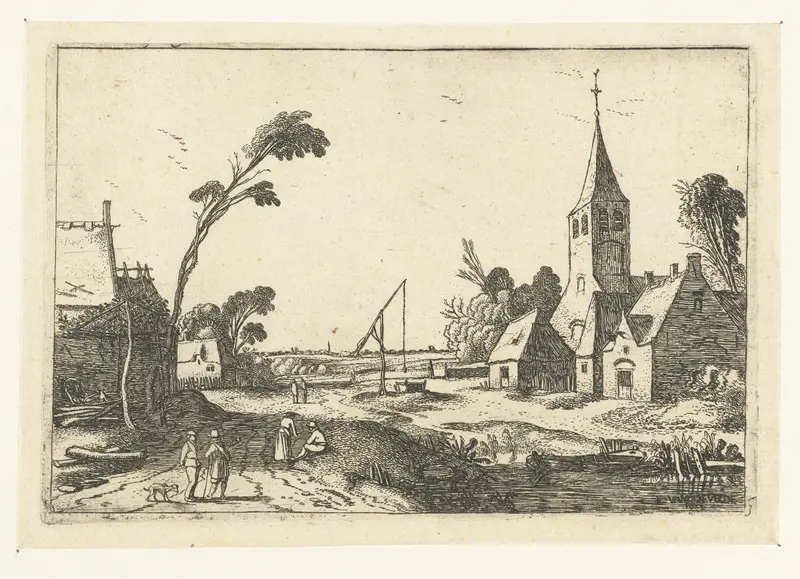 Dorpsgezicht met boerderijen, kerk en waterput by Esaias van de Velde, etching of a rural village scene.