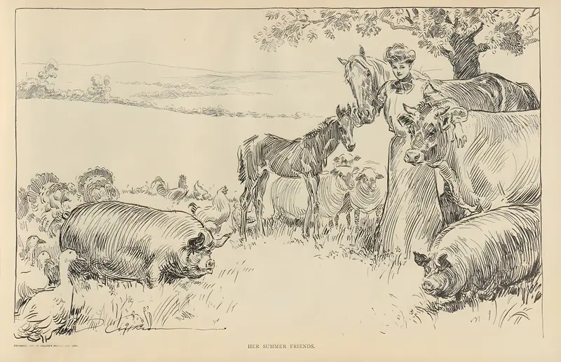 A young woman elegantly dressed, surrounded by butterflies, capturing a moment of leisure.