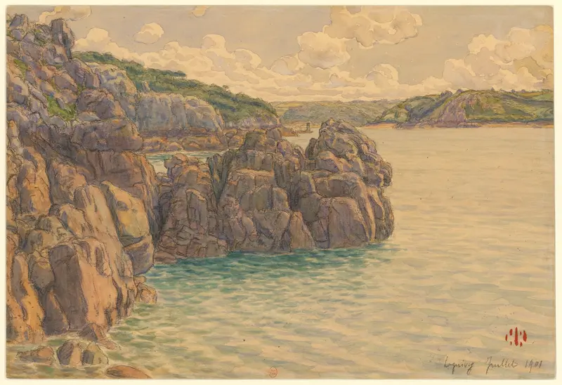 Marine scene with swirling blues and greens, oil painting by Henri Rivière, 1901