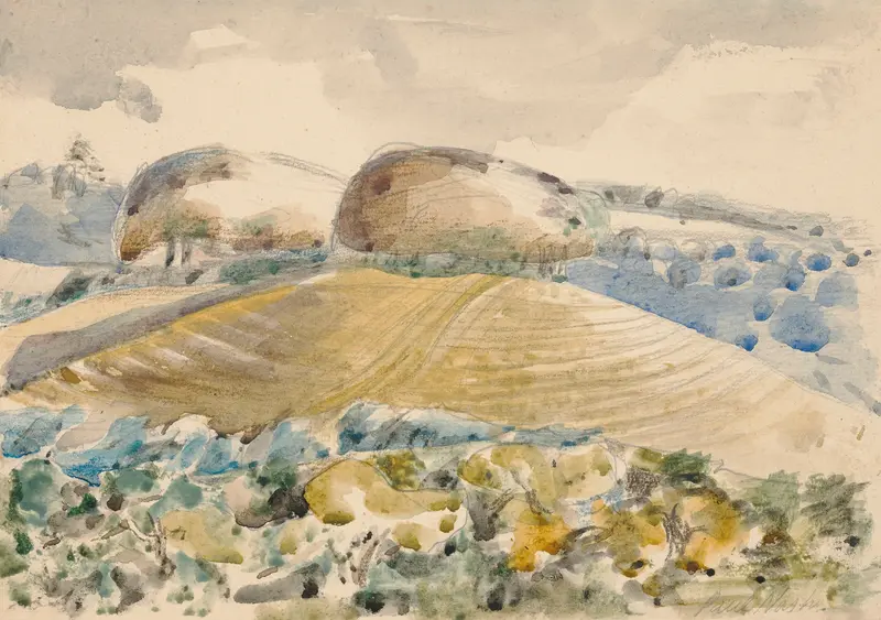 Landscape of the Wittenham Clumps by Paul Nash, oil on canvas depicting emerald hills and nature.