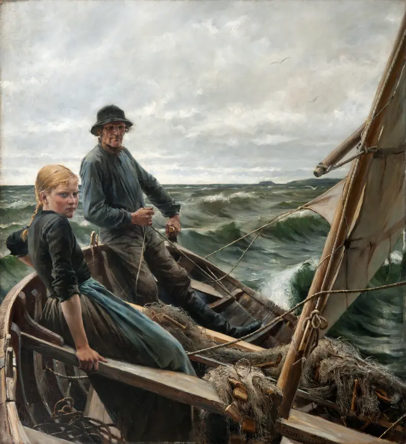 A painting titled 'At Sea' by Albert Edelfelt depicting a marine scene.