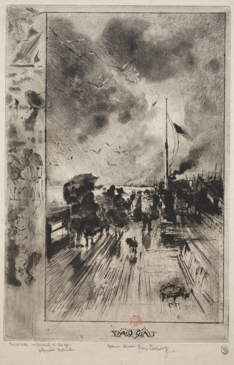 Etching by Félix Hilaire Buhot depicting a serene landscape with twilight reflections on water.