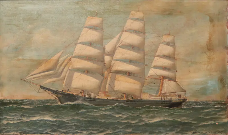 A clipper ship with billowing sails navigates a green sea under a vast sky.