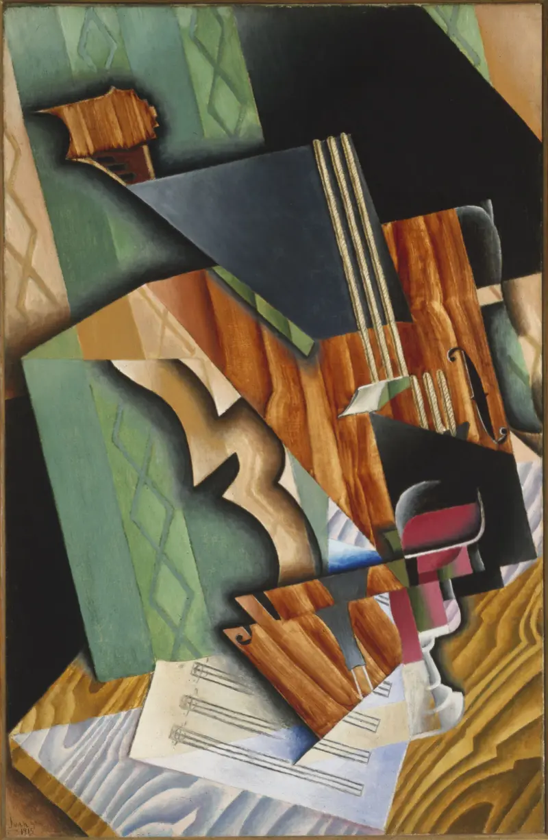 Still life oil painting by Juan Gris featuring a violin and glass.