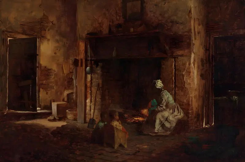 Eastman Johnson's 'Kitchen at Mount Vernon' captures a domestic scene with warm colors and detailed figures.