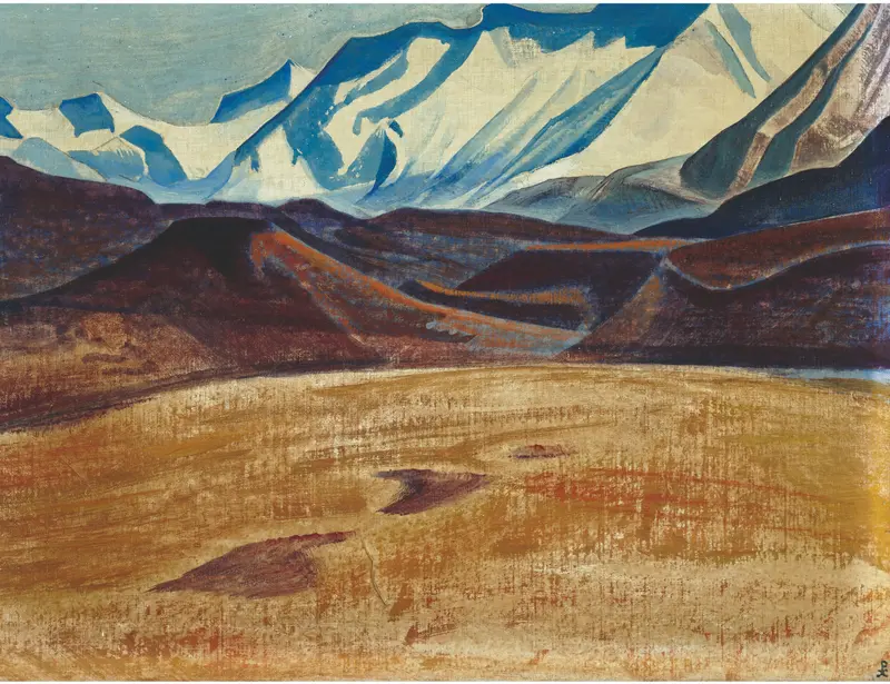 Depsang plains oil painting by Nicholas Roerich depicting rolling hills and a natural landscape.